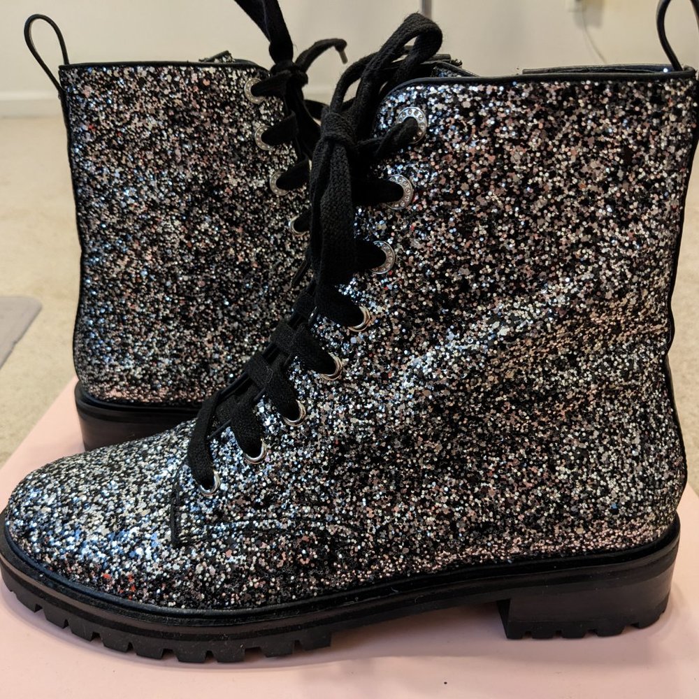 NWOB Kate Spade Jemma Black Silver Glitter Combat Boots Size 9